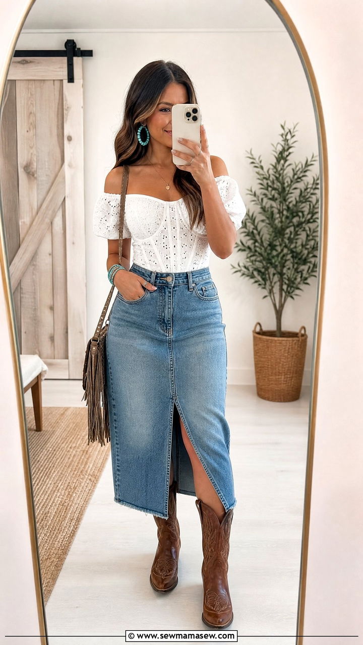 Off Shoulder Top and Denim Skirt Outfit - 30 coastal cowgirl outfits ideas