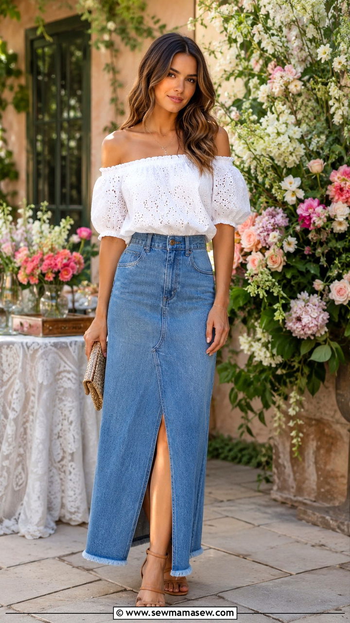 Off Shoulder Top and Denim Skirt With Heels - 30 Denim skirt outfit ideas for summer