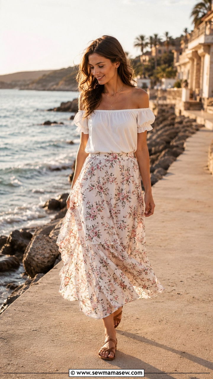 Off Shoulder Top and Flowy Maxi Skirt - 30 Romantic spring outfit ideas