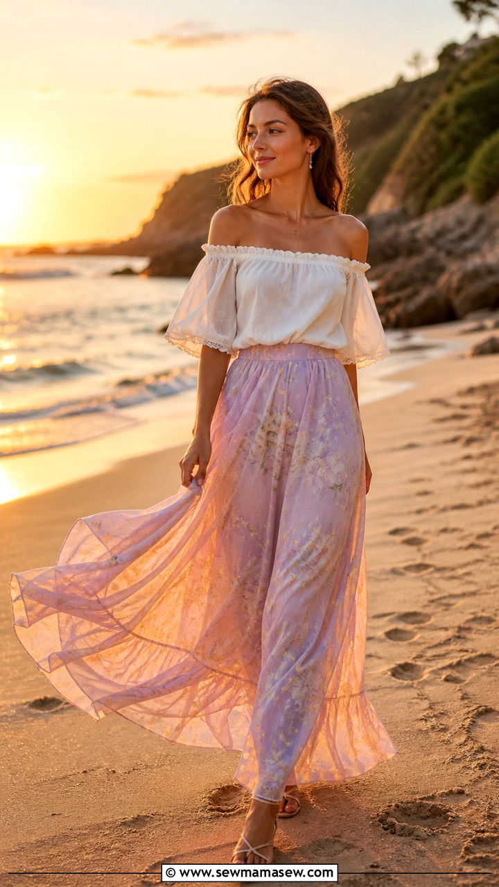 Off Shoulder Top and Flowy Maxi Skirt - 40 cute maxi skirt outfits