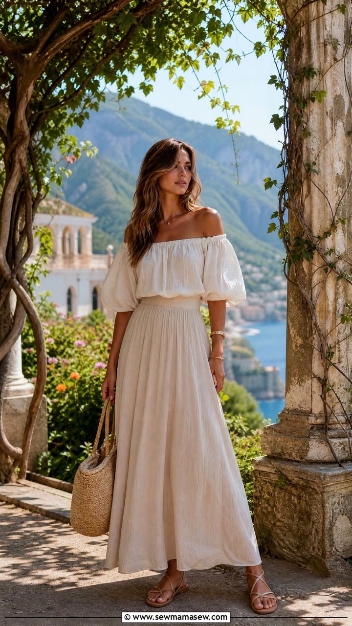Off Shoulder Top and High Waist Maxi Skirt - 35 Italy vacation outfit ideas 2026