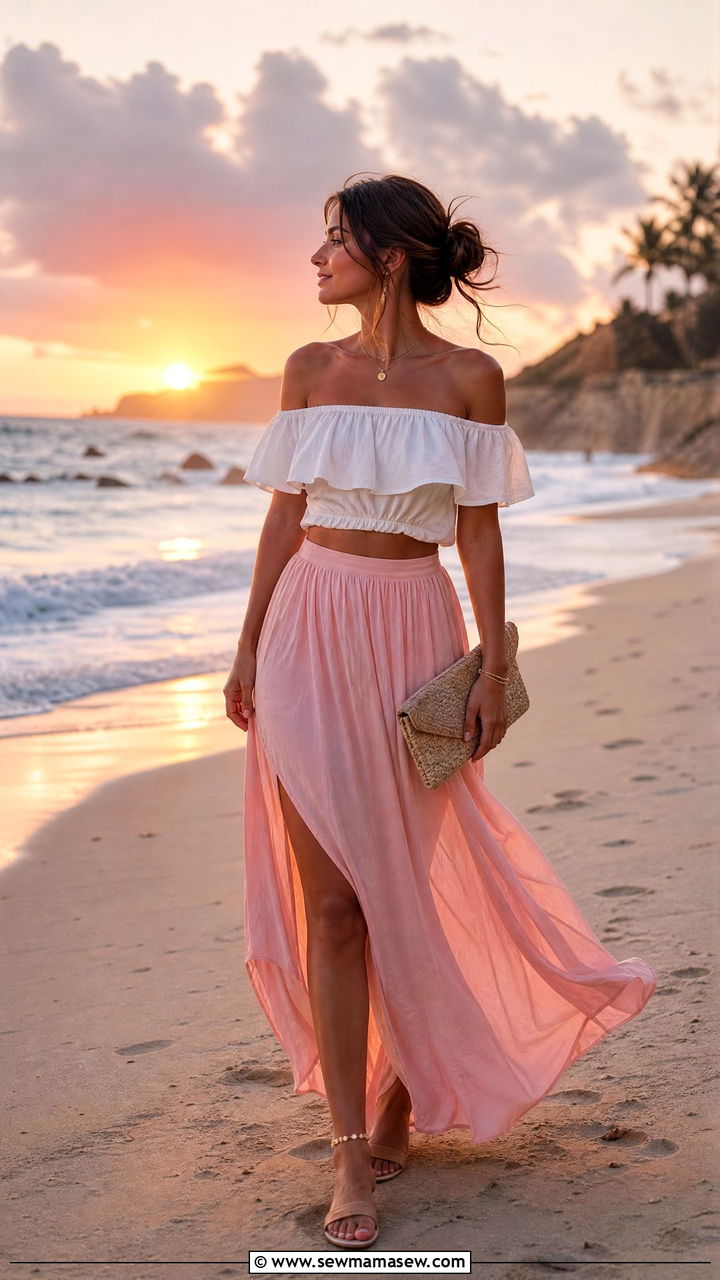 Off Shoulder Top and Maxi Skirt Beach Outfit - 25 Beach photoshoot outfit ideas
