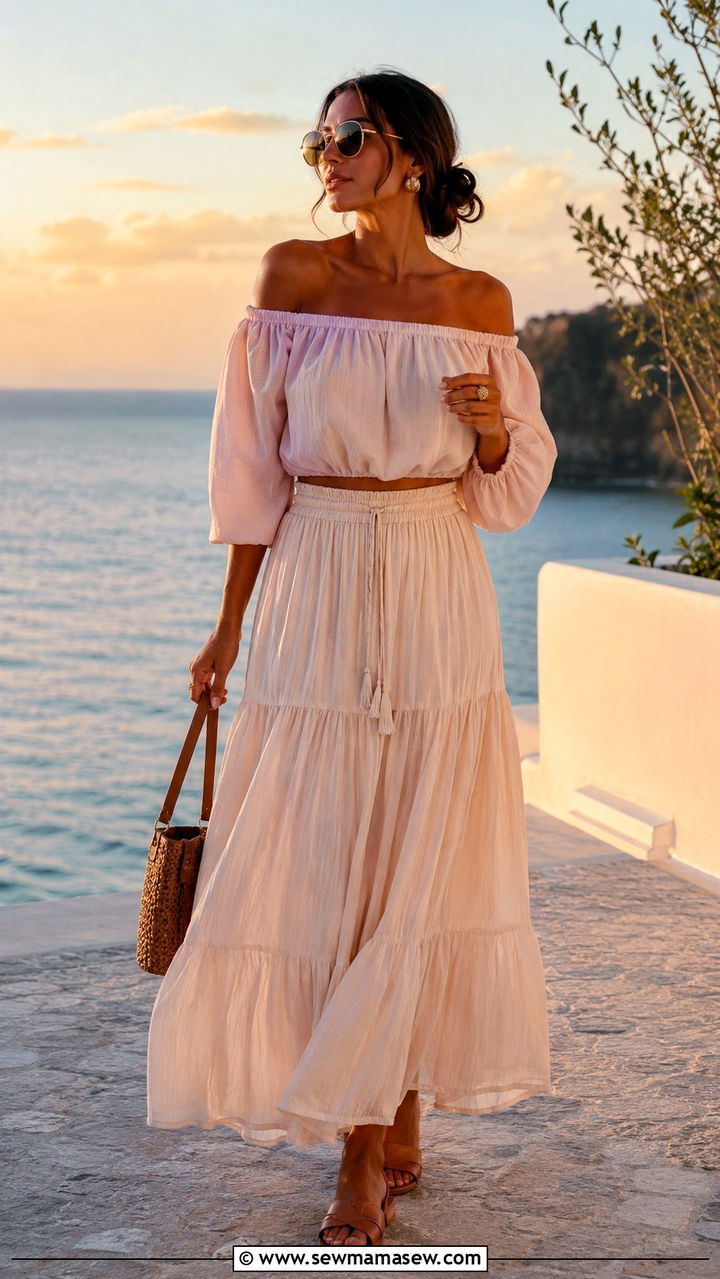 Off Shoulder Top and Maxi Skirt Beach Set - 30 casual beach vacation outfits