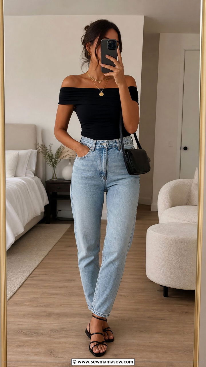Off Shoulder Top and Mom Jeans with Strappy Sandals - 30 Summer outfits with mom jeans