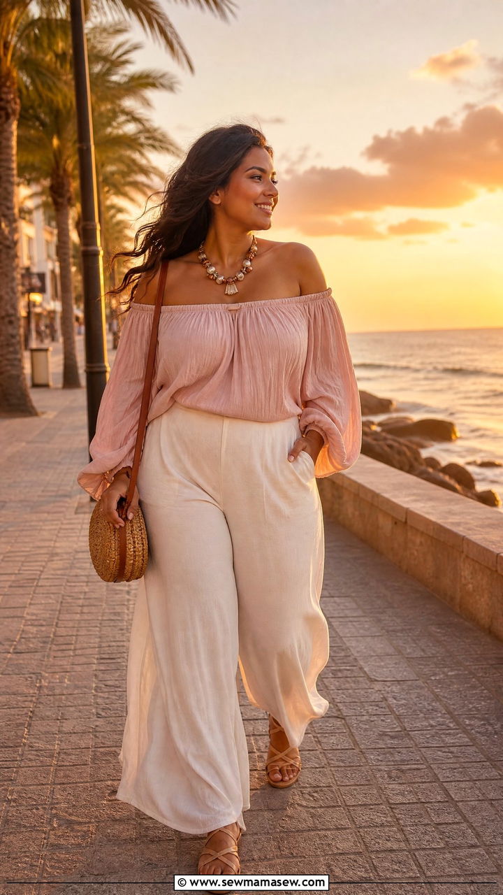 Off Shoulder Top and Palazzo Pants Vacation Outfit - 30 Vacation outfits for curvy women