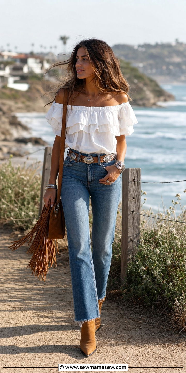 Off Shoulder Top and Raw Hem Jeans - 25 coastal cowgirl outfits inspo