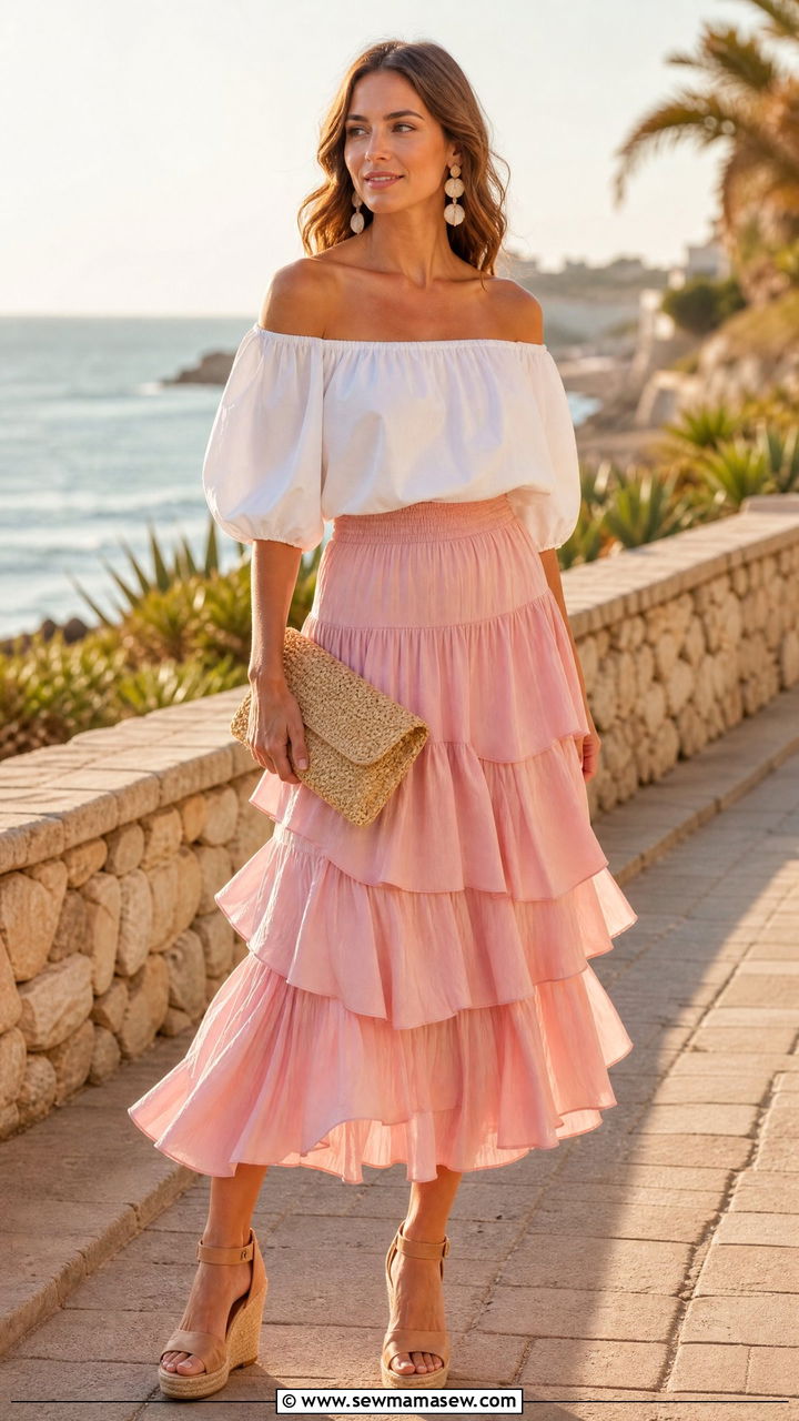 Off Shoulder Top and Ruffled Midi Skirt Outfit - 30 Summer outfits with midi skirts