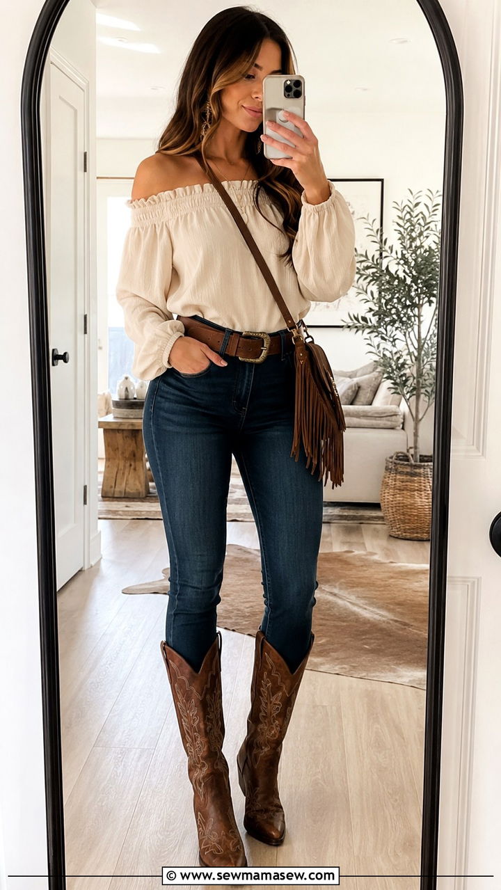 Off Shoulder Top and Skinny Jeans Cowgirl Outfit - 20 Cowgirl outfit ideas 2026