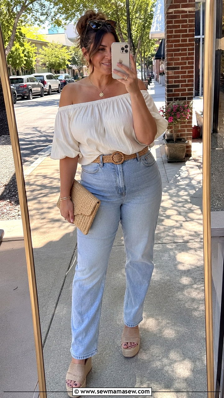 Off Shoulder Top and Straight Leg Jeans Plus Size - 25 Outfit ideas for big bust plus size