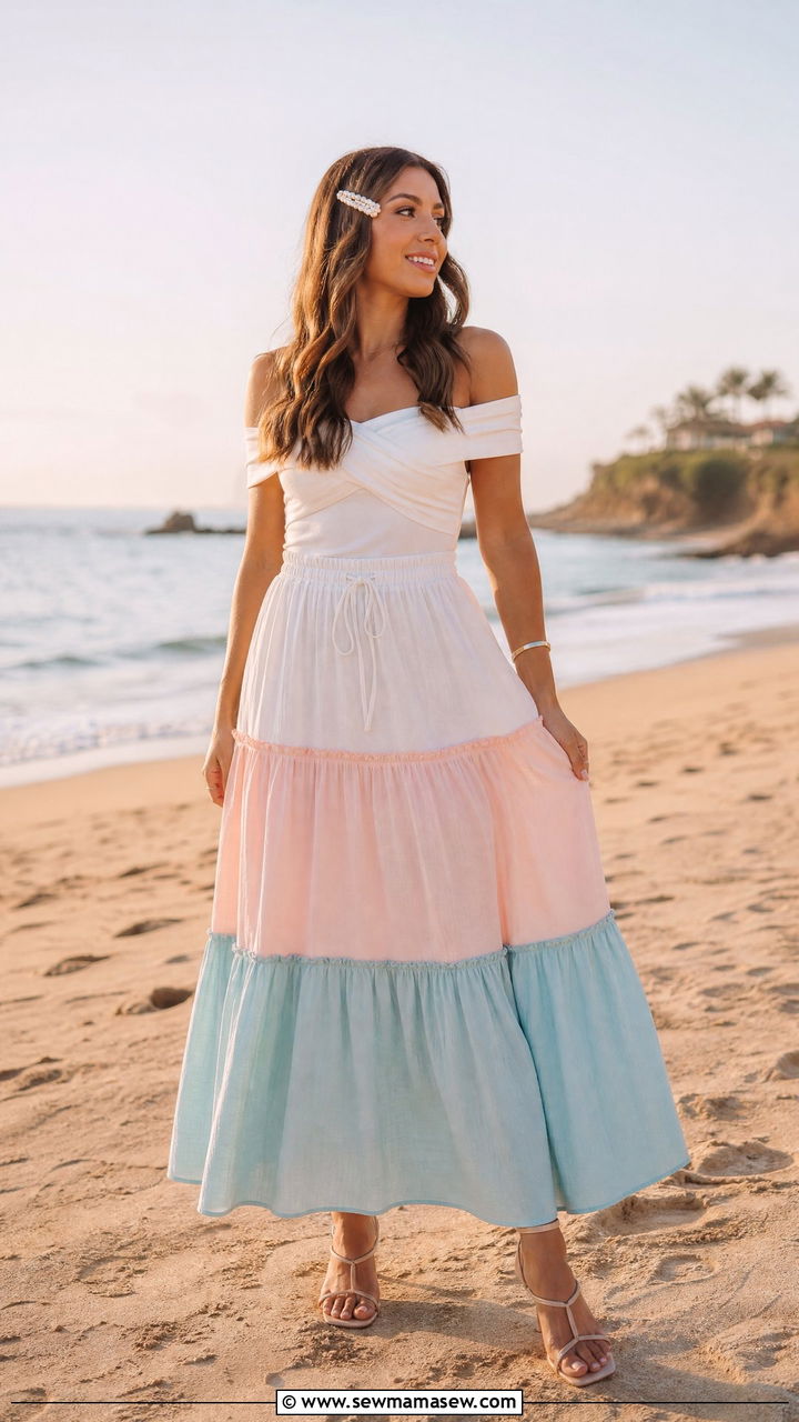 Off Shoulder Top and Tiered Maxi Skirt Beach Photoshoot Outfit - 25 Beach photoshoot outfit ideas 2026