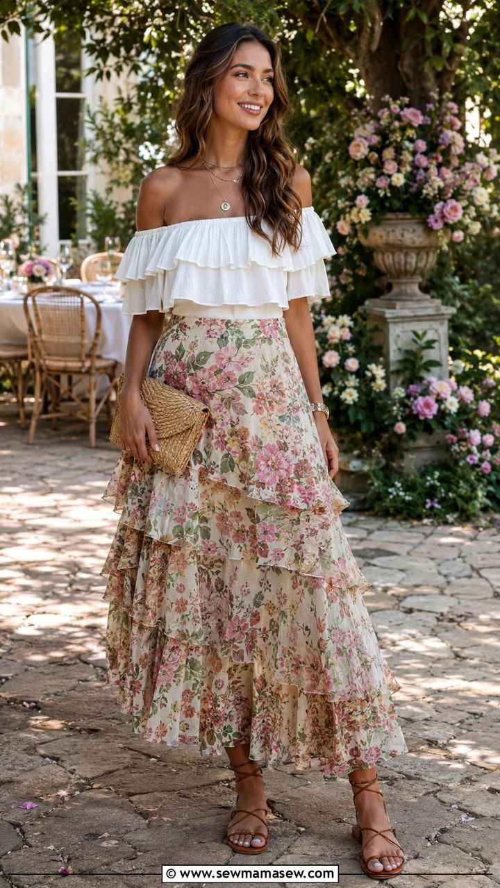 Off Shoulder Top and Tiered Maxi Skirt Boho Chic - 25 boho chic outfits inspo