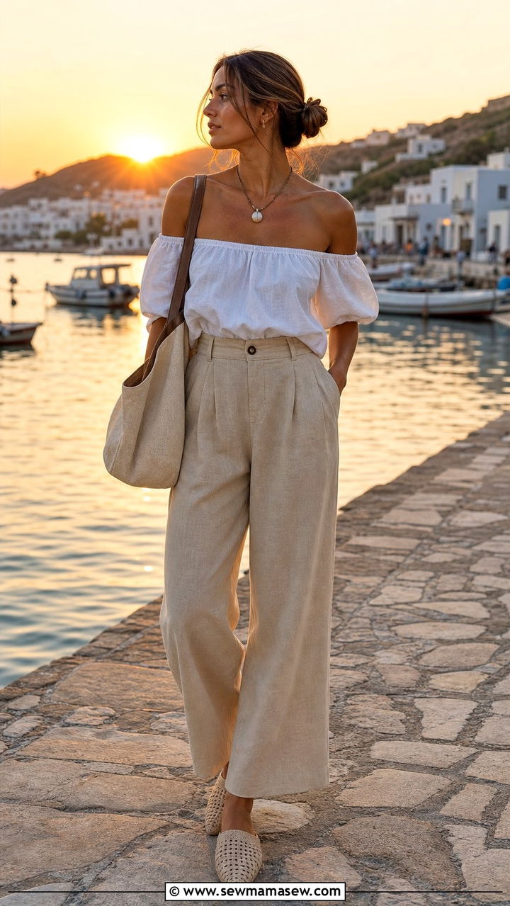 Off Shoulder Top and Wide Leg Linen Pants - 25 Early July outfit ideas