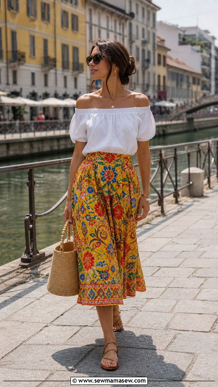 Off Shoulder Top with A Line Skirt Milan - 40 What to wear in Milan