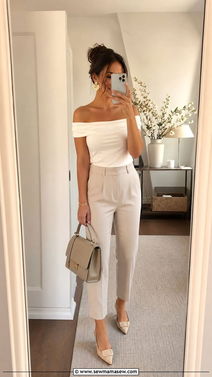 Off Shoulder Top with Cropped Trousers - 30 Feminine spring outfits