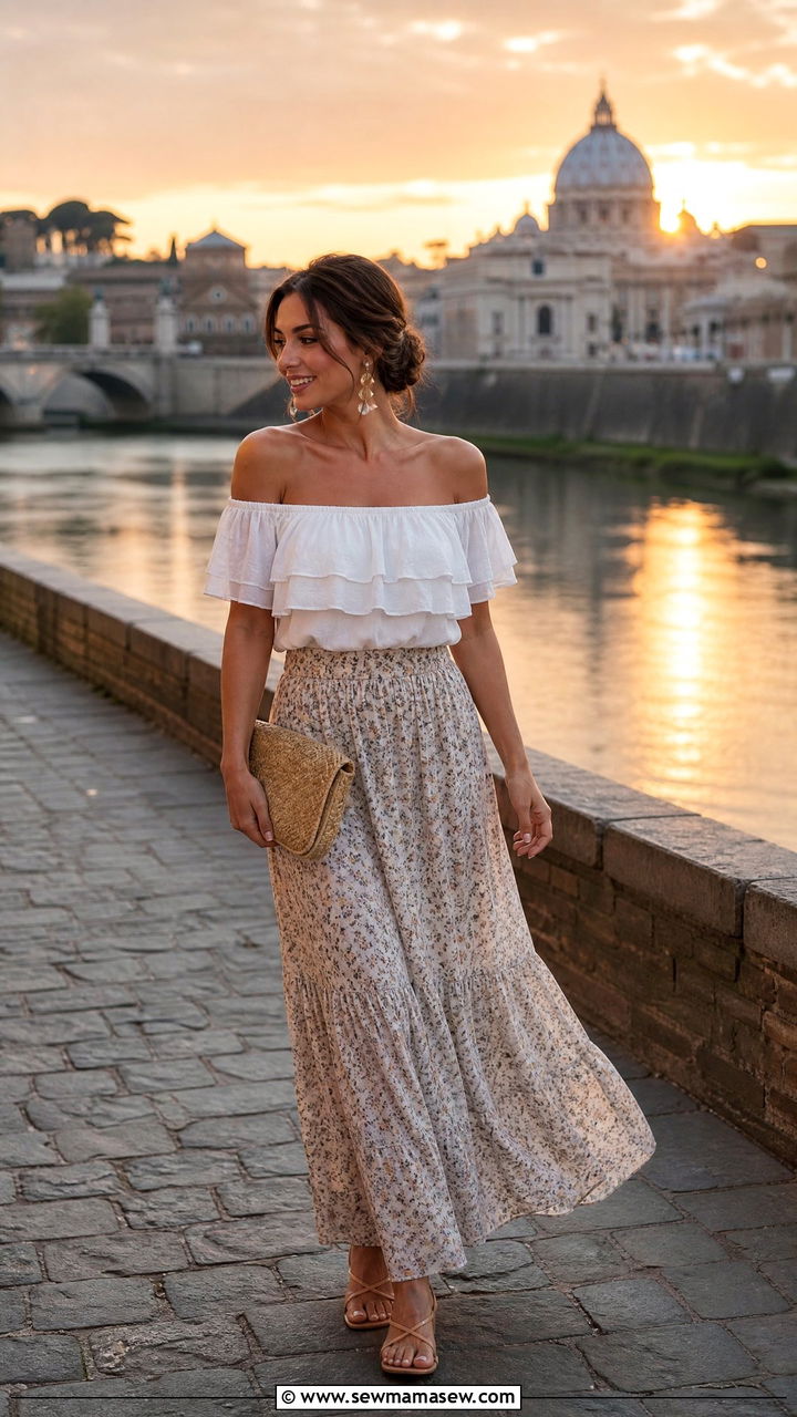 Off Shoulder Top with Flowing Skirt Italy Outfit - 30 cute Italy outfits