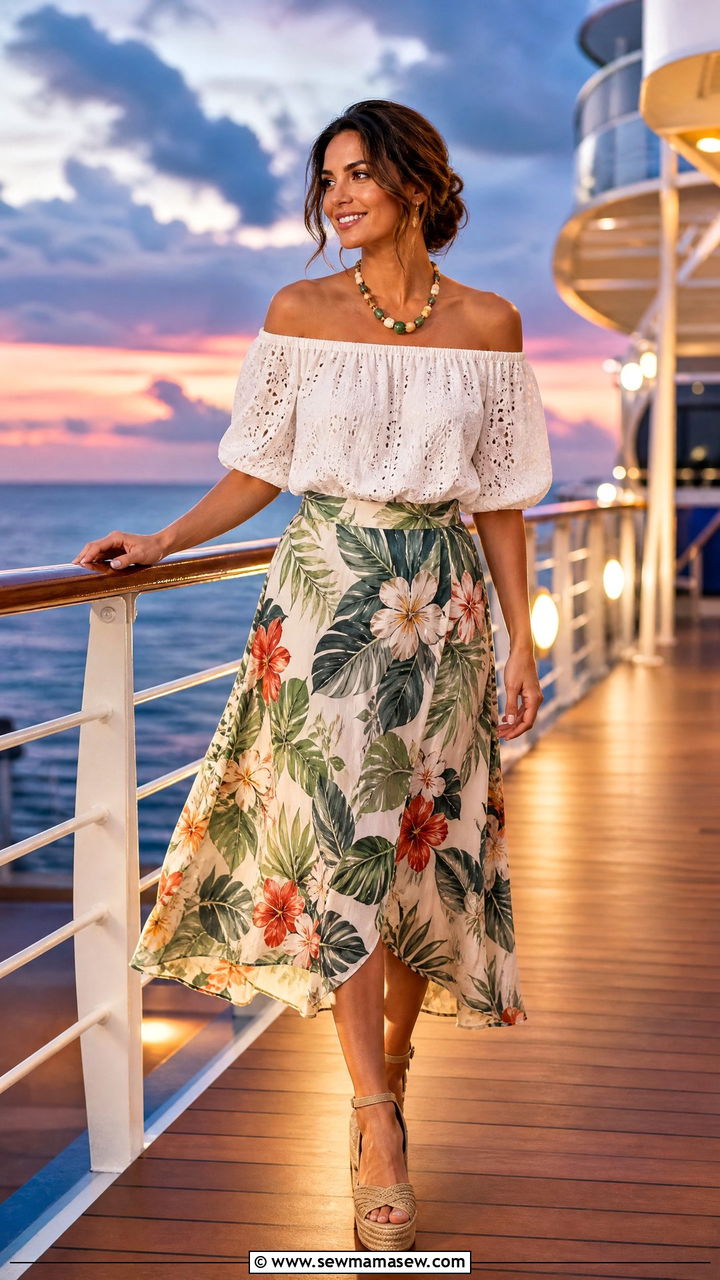 Off Shoulder Top with Flowy Skirt - 30 Cruise packing list outfits