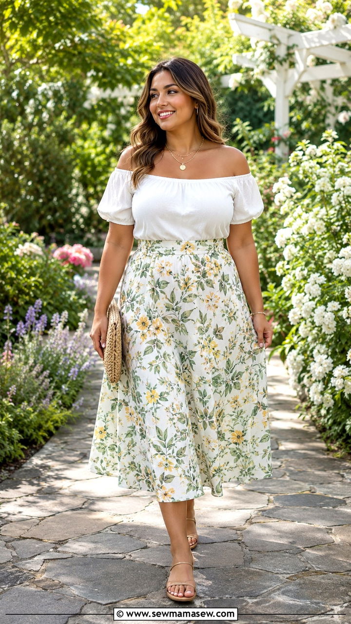 Off Shoulder Top with High Waisted A Line Skirt - 25 Outfit ideas for size 10 hourglass