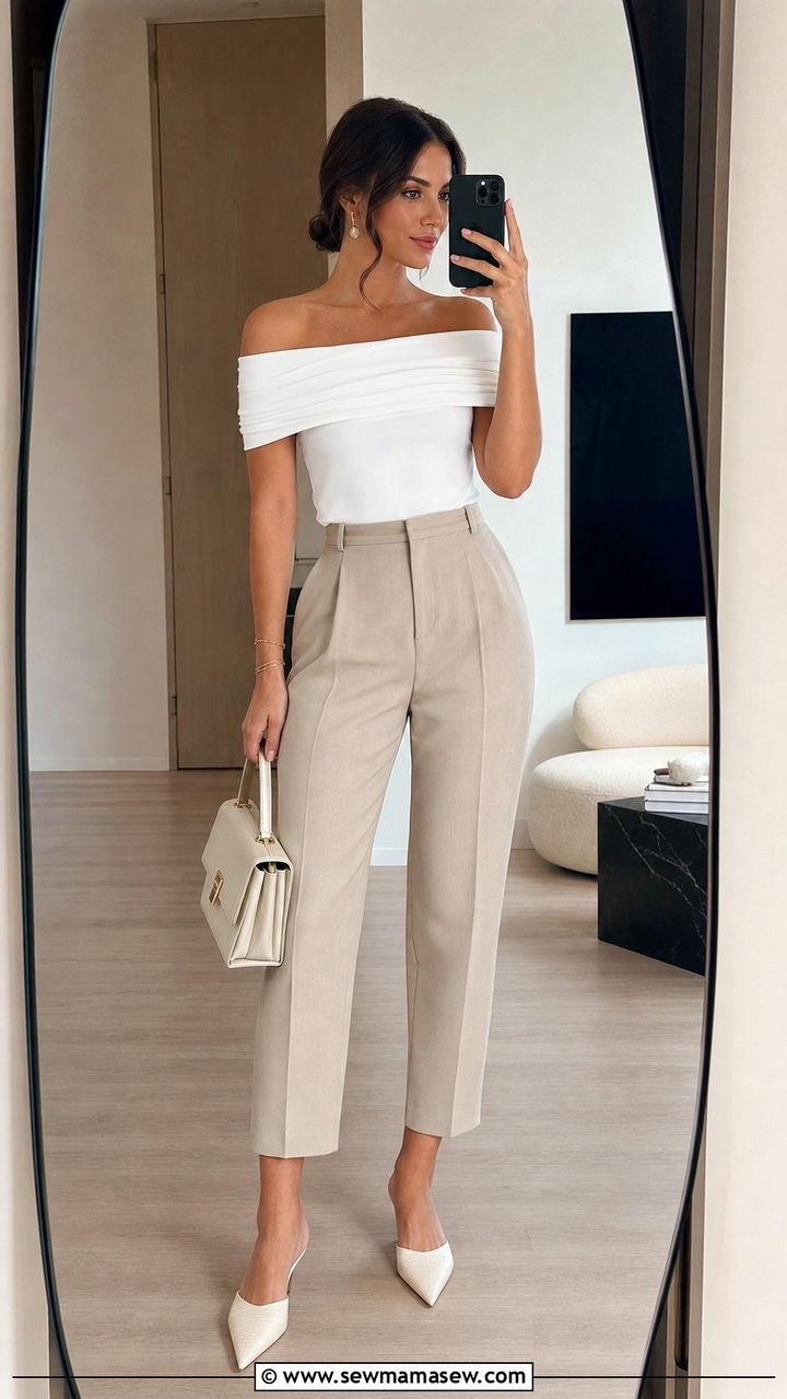 Off Shoulder Top with High Waisted Cropped Trousers - 25 Spring outfits for hourglass figure