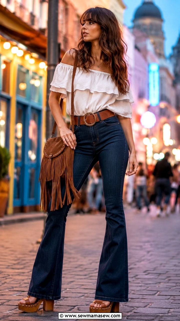 Off Shoulder Top with High Waisted Flared Jeans - 30 classy boho chic outfit ideas