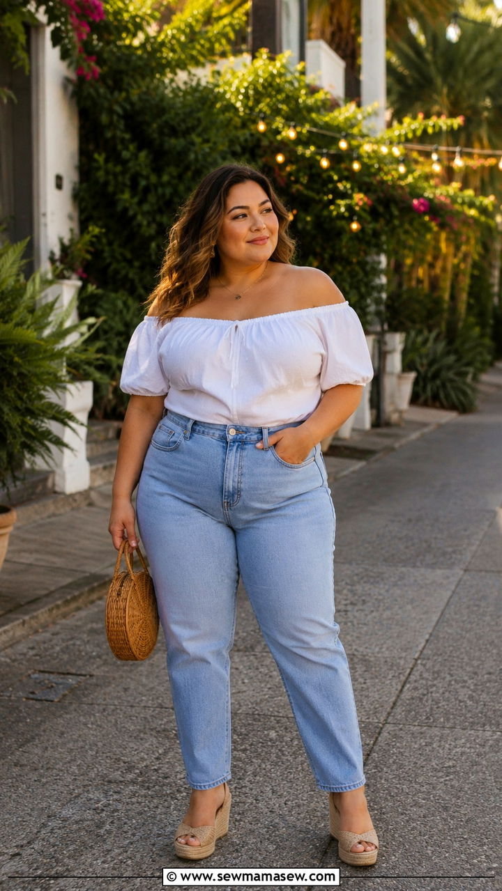 Off Shoulder Top with High Waisted Jeans - 20 Petite plus size outfit ideas 20