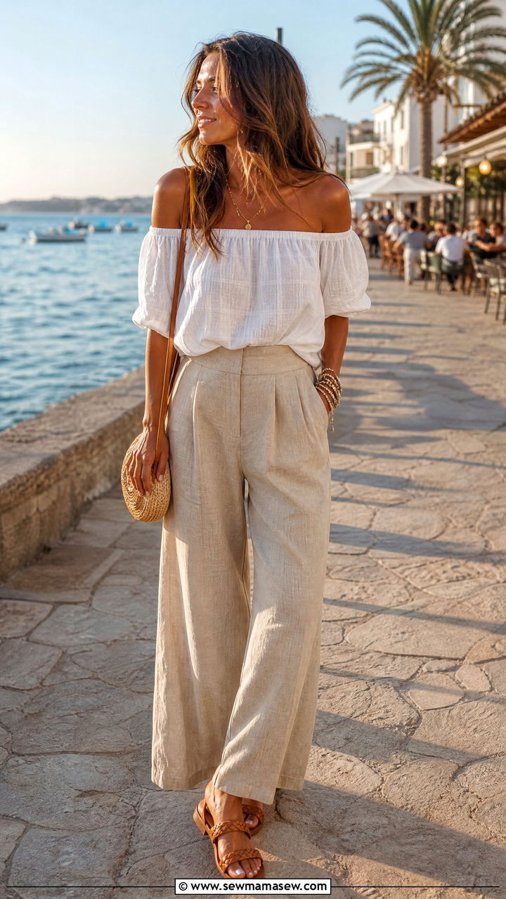 Off Shoulder Top with Linen Wide Leg Pants - 20 vacation outfits Pinterest