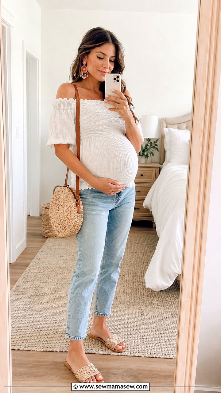 Off Shoulder Top with Maternity Jeans - 20 Second trimester outfit ideas
