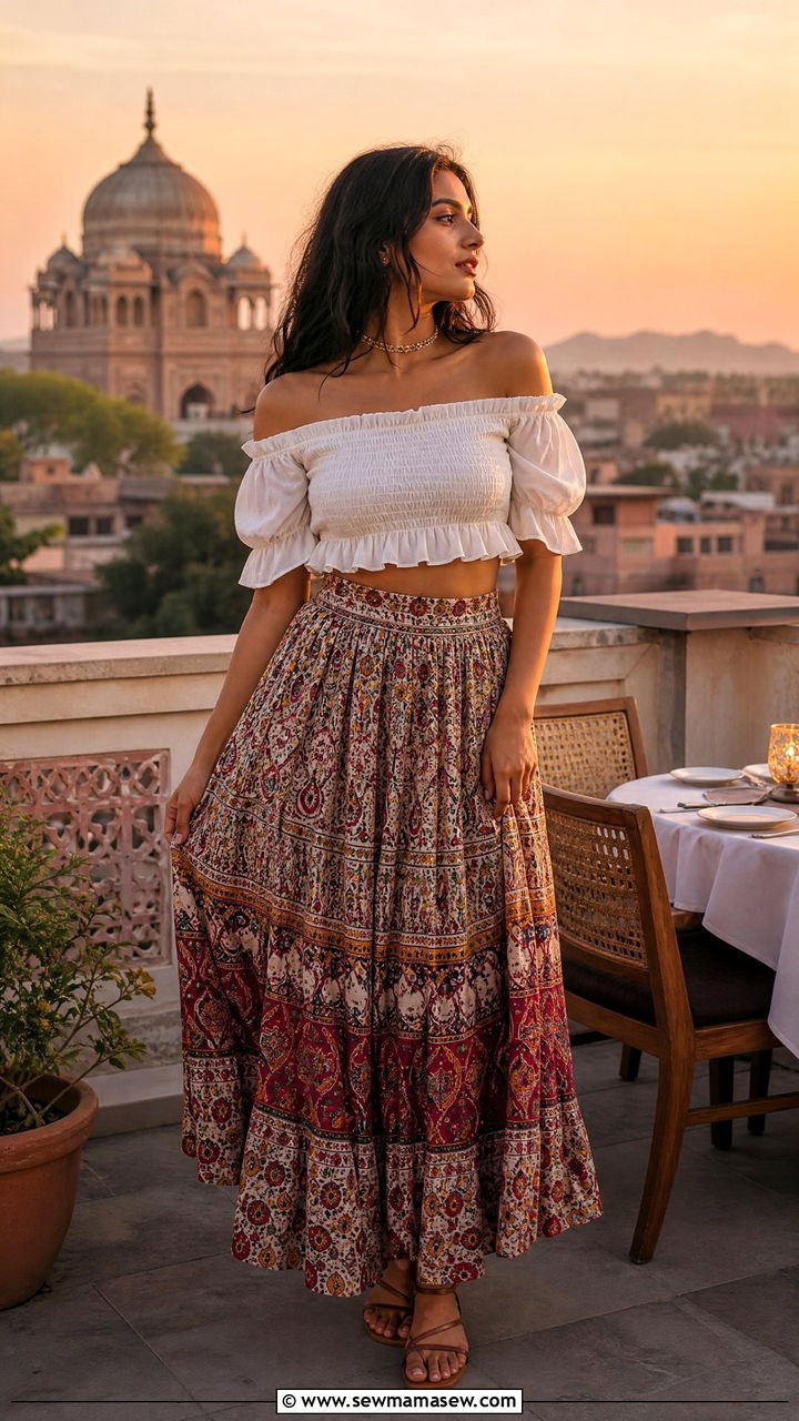 Off Shoulder Top with Printed Maxi Skirt - 25 Jaipur outfit ideas
