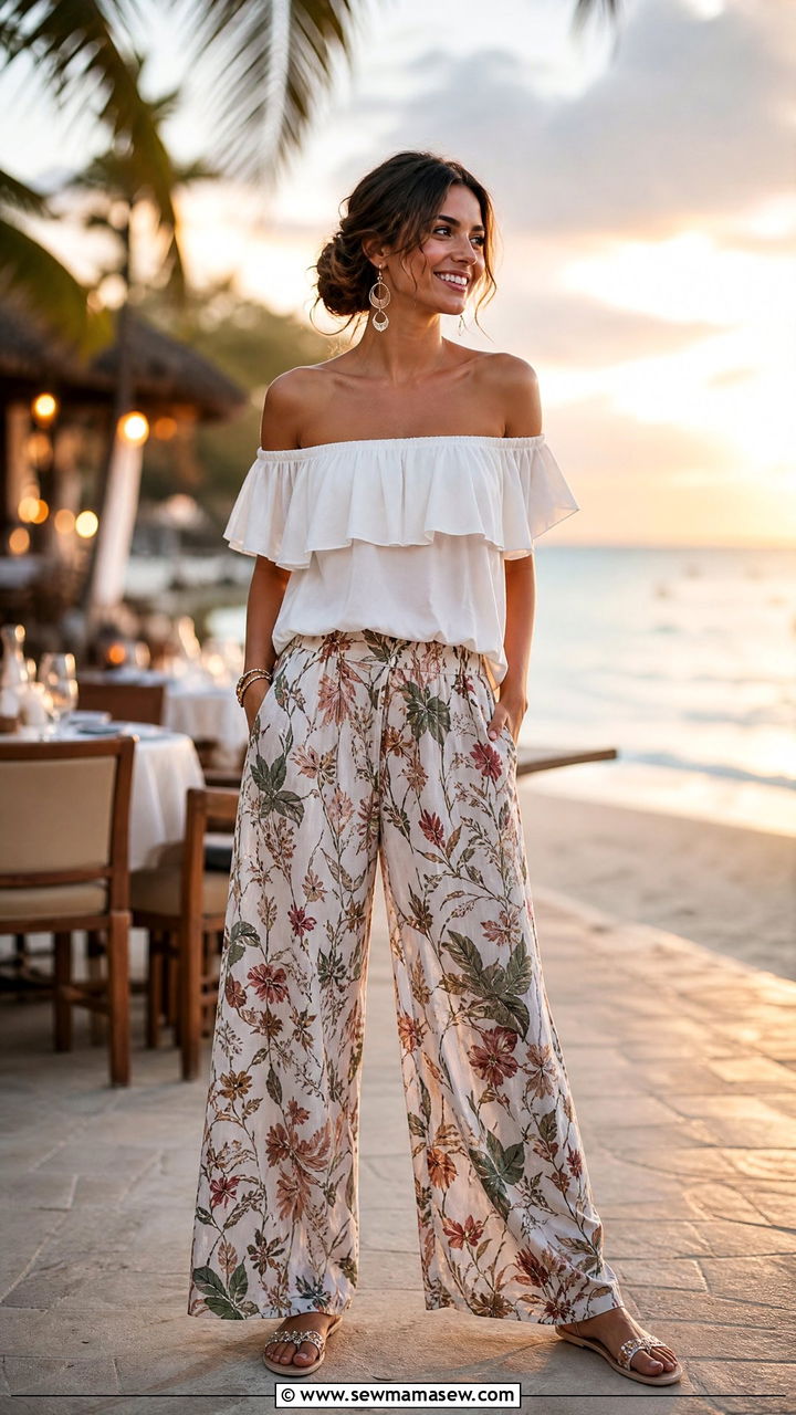 Off Shoulder Top with Printed Palazzo Pants and Flat Sandals - 40 spring vacation outfit ideas