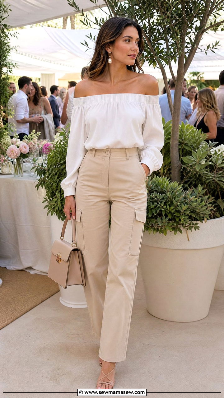 Off Shoulder Top with Straight Leg Cargo Pants and Heeled Sandals - 30 summer cargo pants outfit ideas