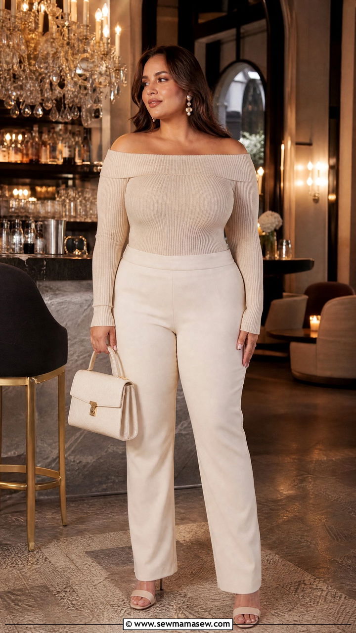 Off Shoulder Top with Straight Leg Pants - 25 Outfits for no waist