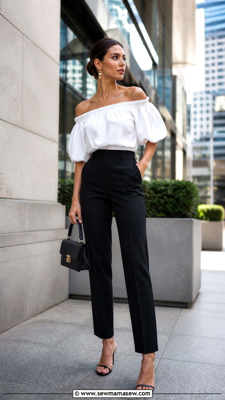 Off Shoulder Top with Tailored Trousers - 40 Chic summer outfits