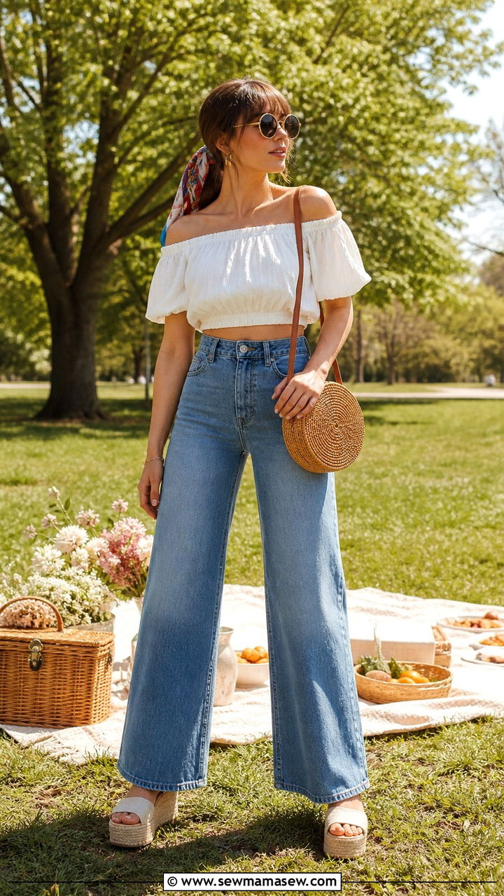 Off Shoulder Top with Wide Leg Jeans Spring Picnic Look - 40 Spring picnic outfits