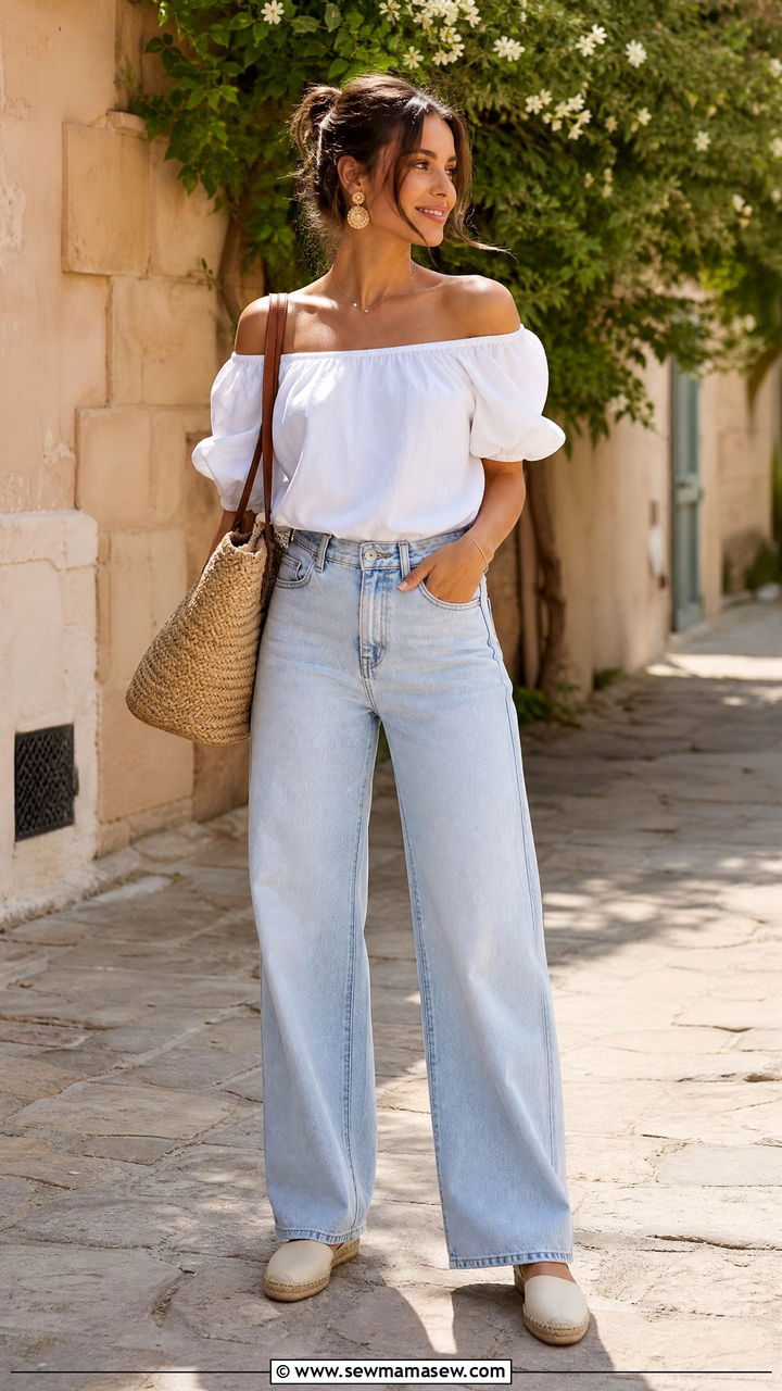 Off Shoulder Top with Wide Leg Jeans - 35 hot weather outfits 2026
