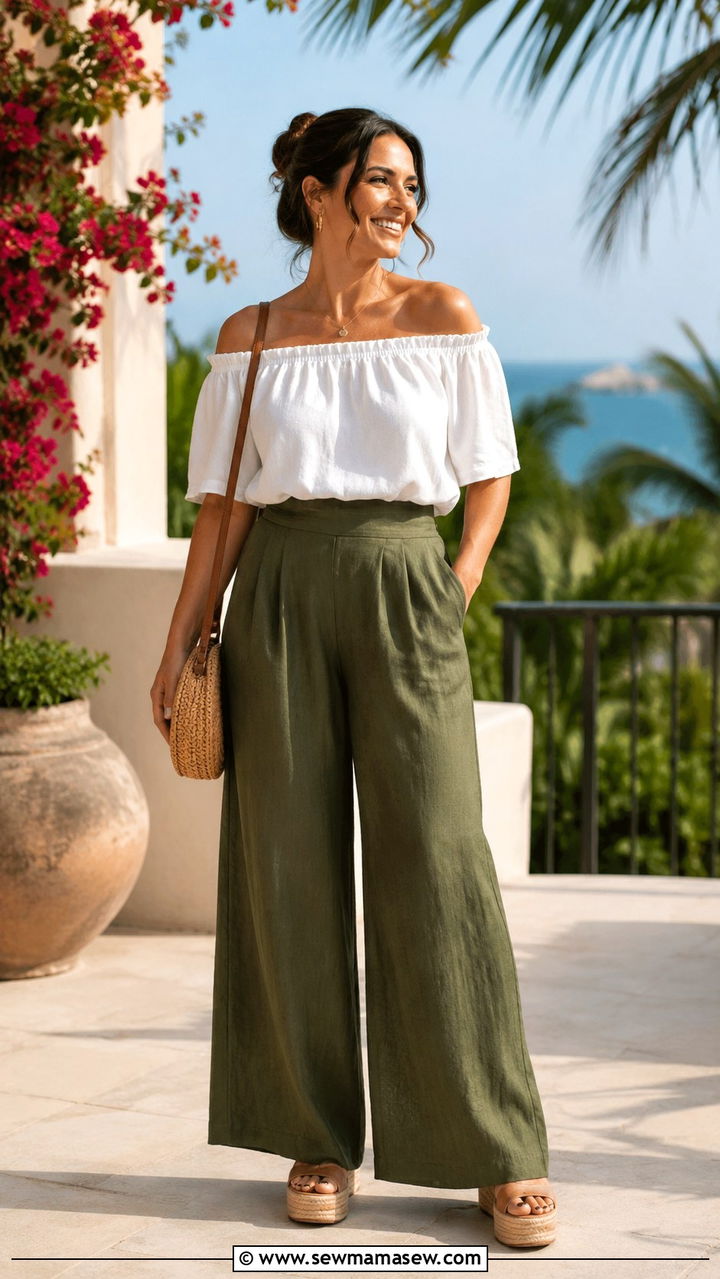 Off Shoulder Top with Wide Leg Linen Trousers - 25 Vacation outfits for pear shape