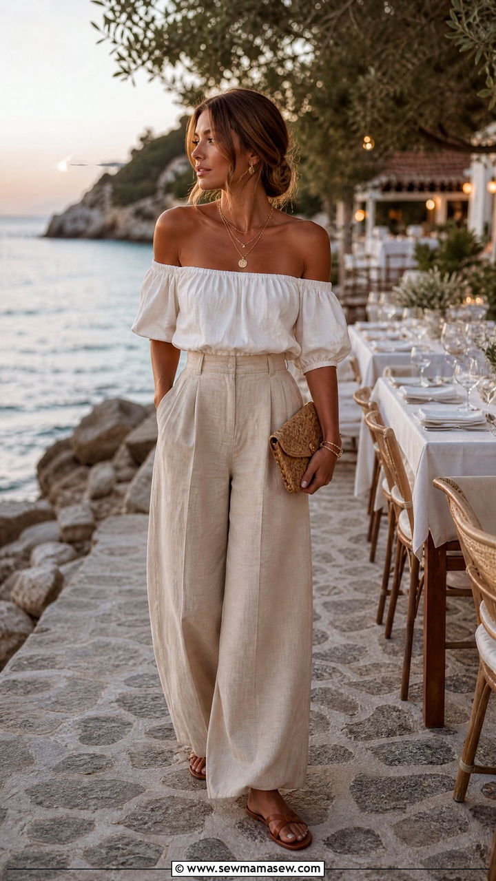 Off Shoulder Top with Wide Leg Linen Trousers - 40 Spring vacation outfits