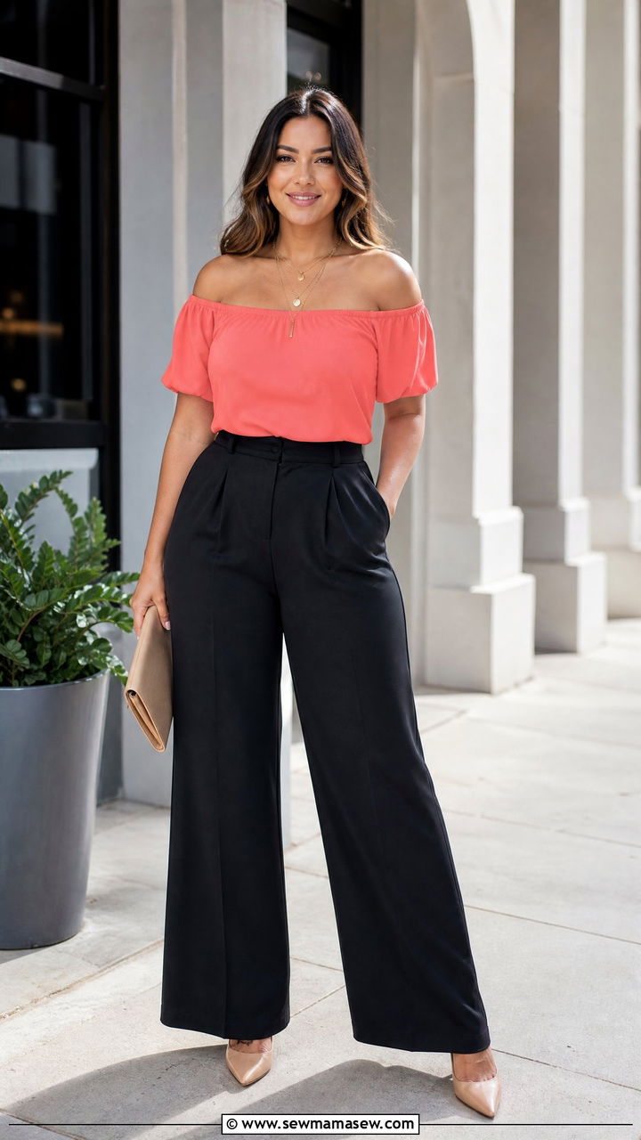 Off Shoulder Top with Wide Leg Pants - 30 outfit ideas for pear shaped body
