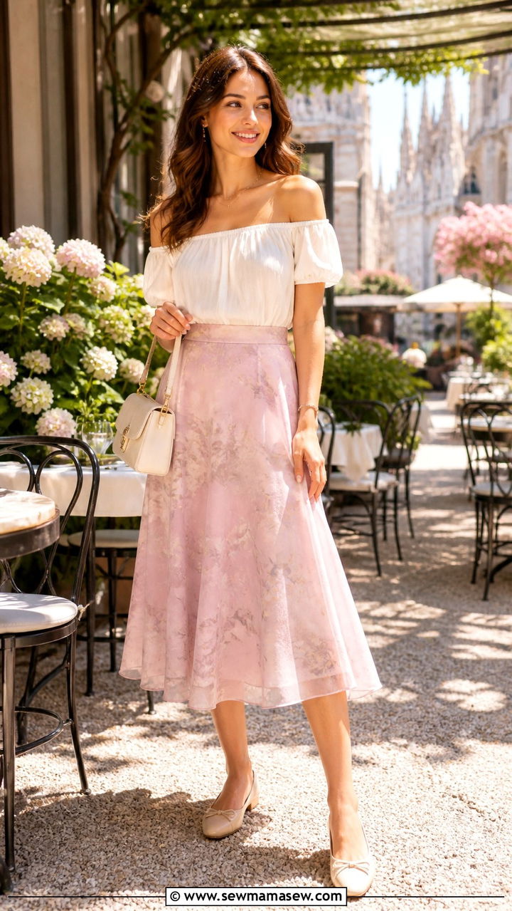 Off Shoulder Top with an A Line Skirt - 40 Milan outfit ideas