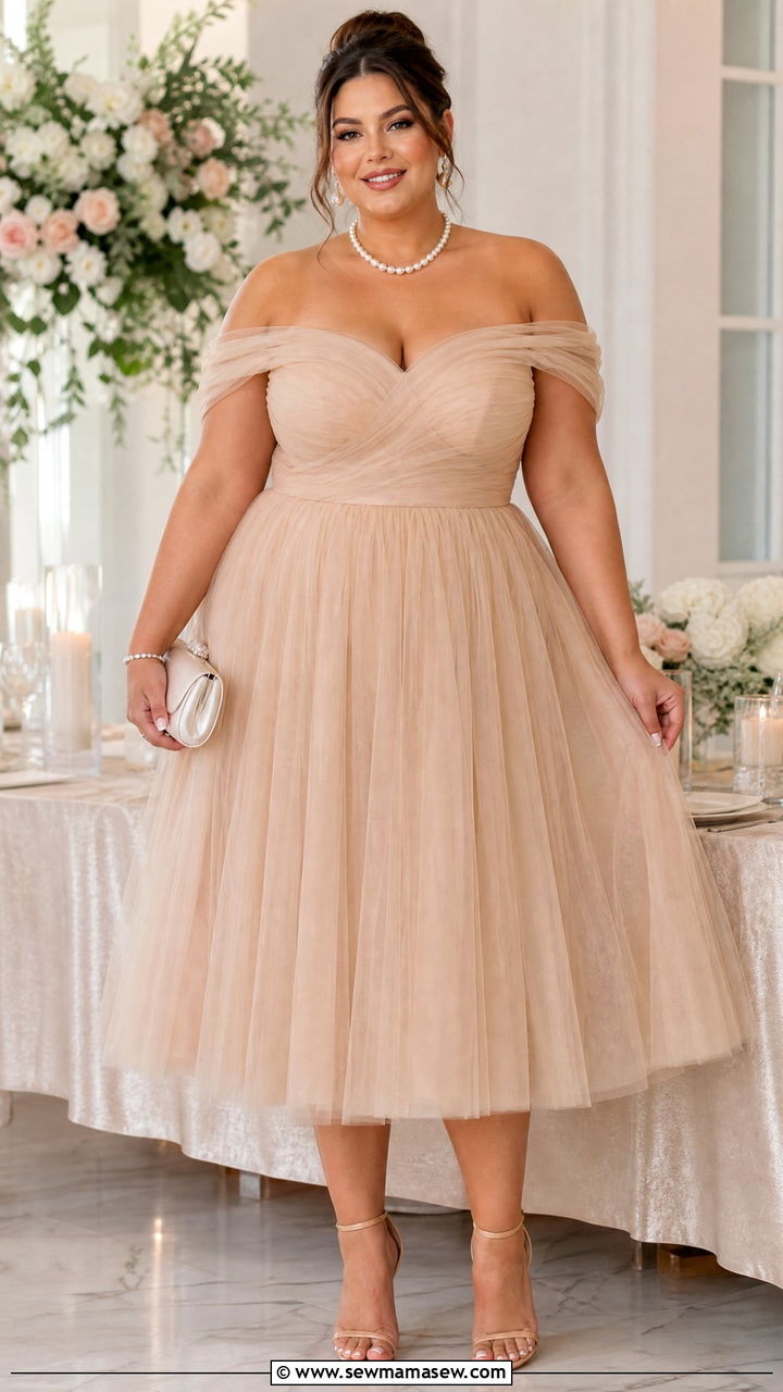 Off Shoulder Tulle Cocktail Dress With Pearl Accessories - 30 Party outfits for plus size