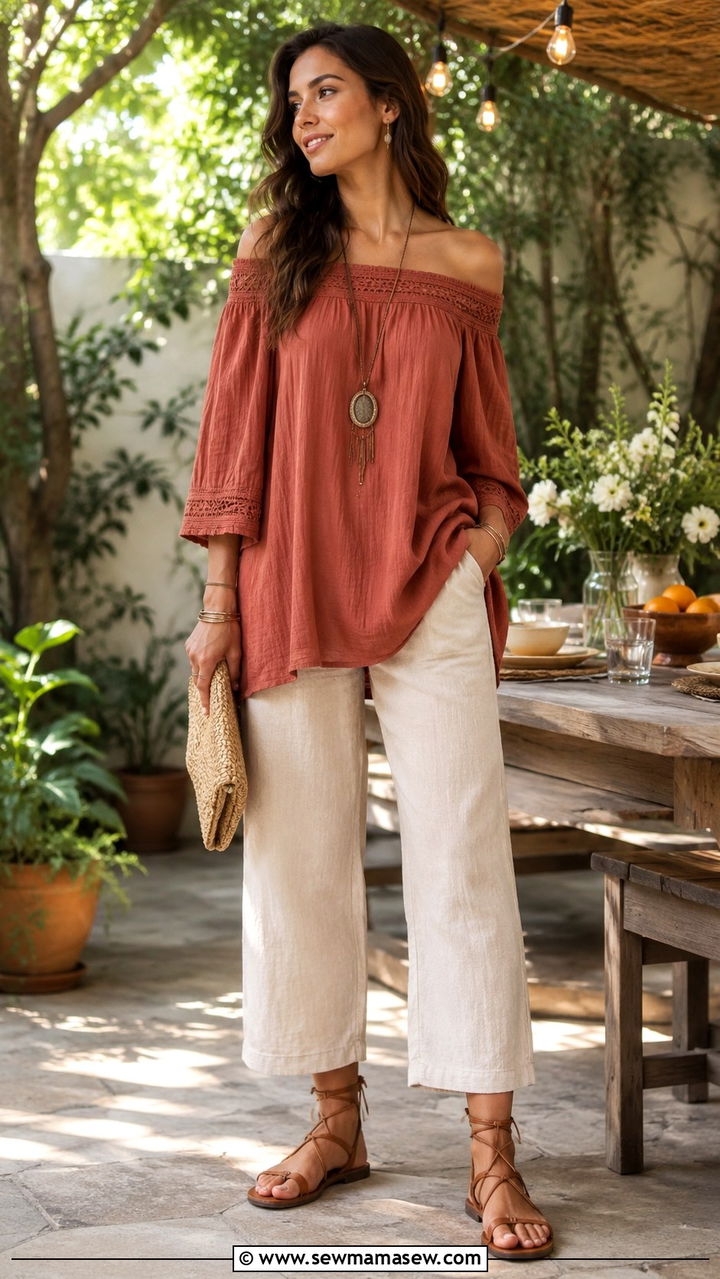 Off Shoulder Tunic with Cropped Pants Outfit - 30 Boho outfit ideas for women over 40