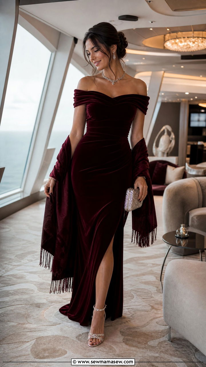 Off Shoulder Velvet Dress with Crystal Heels - 30 Cruise formal night outfit ideas