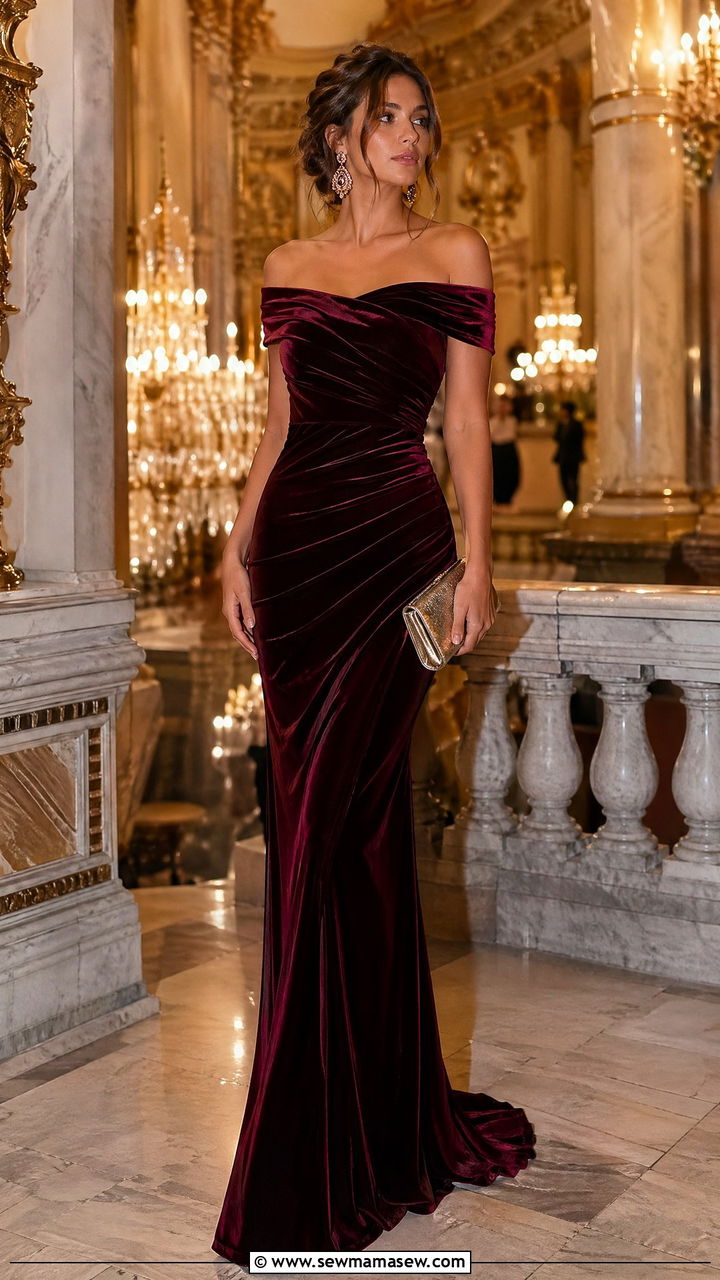 Off Shoulder Velvet Gown With A Metallic Clutch - 35 Dinner party outfit ideas