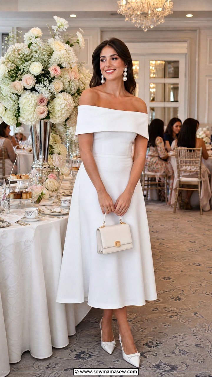Off Shoulder White Dress With Pearl Earrings - 30 cute bridal shower outfits