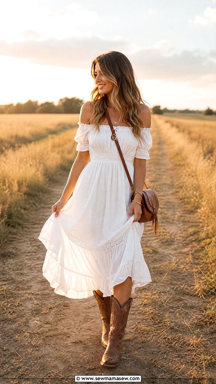 Off Shoulder White Dress and Brown Boots Outfit - 30 Country summer outfits
