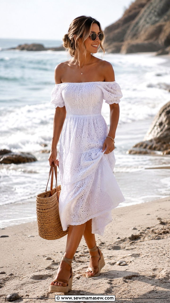 Off Shoulder White Eyelet Midi Dress - 30 Tropical wedding guest outfit ideas