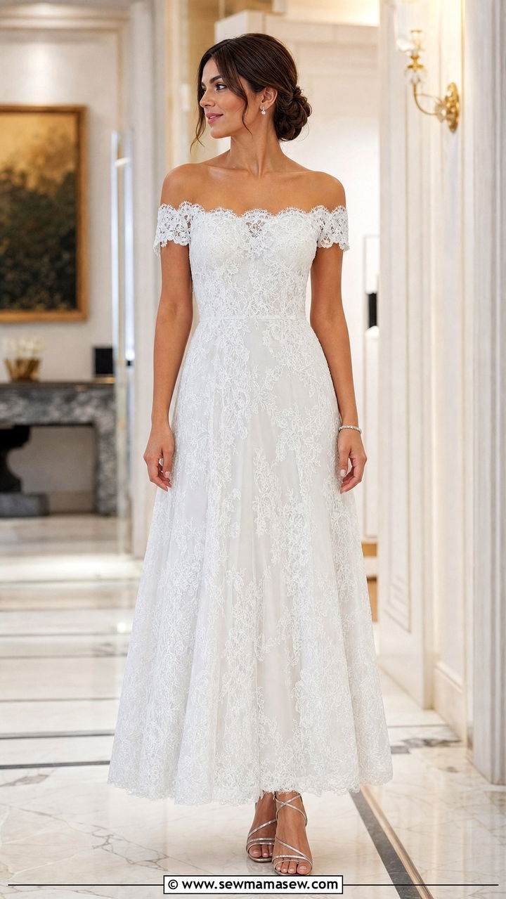 Off Shoulder White Lace Gown with Strappy Heels - 25 Debutante ball outfit ideas