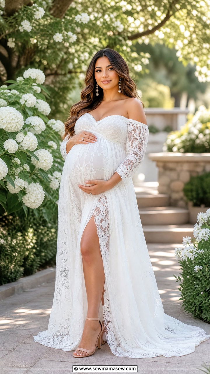 Off Shoulder White Lace Maternity Photoshoot Gown - 25 Maternity outfit ideas for photoshoot