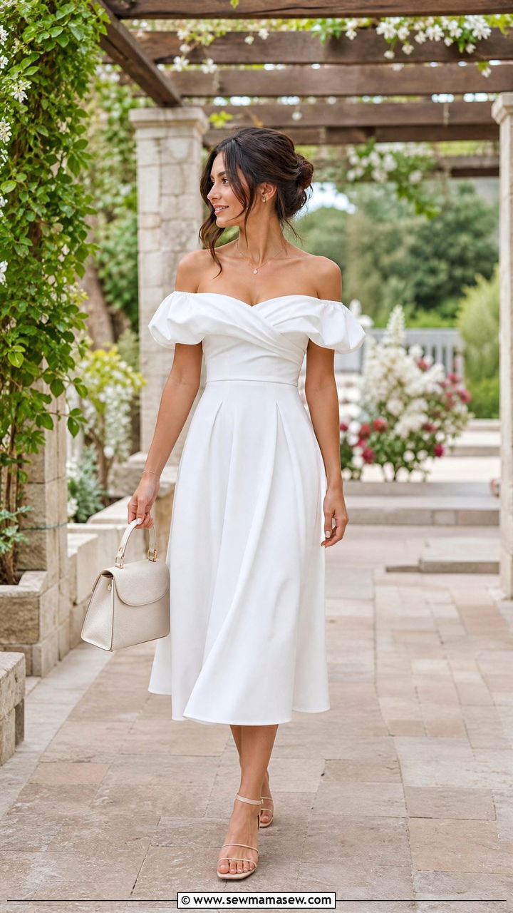 Off Shoulder White Midi Dress Brunch Look - 30 Bridal brunch outfit ideas