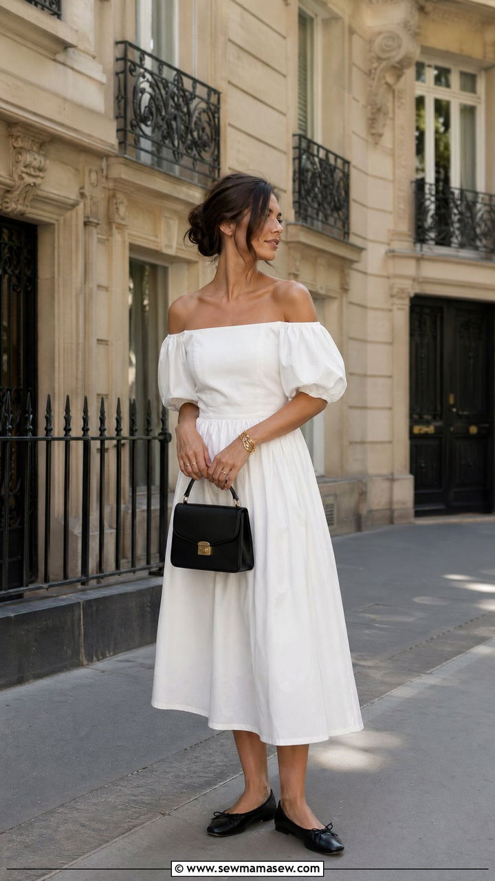 Off Shoulder White Midi Dress With Black Mini Top Handle Bag - 35 European summer outfits to copy