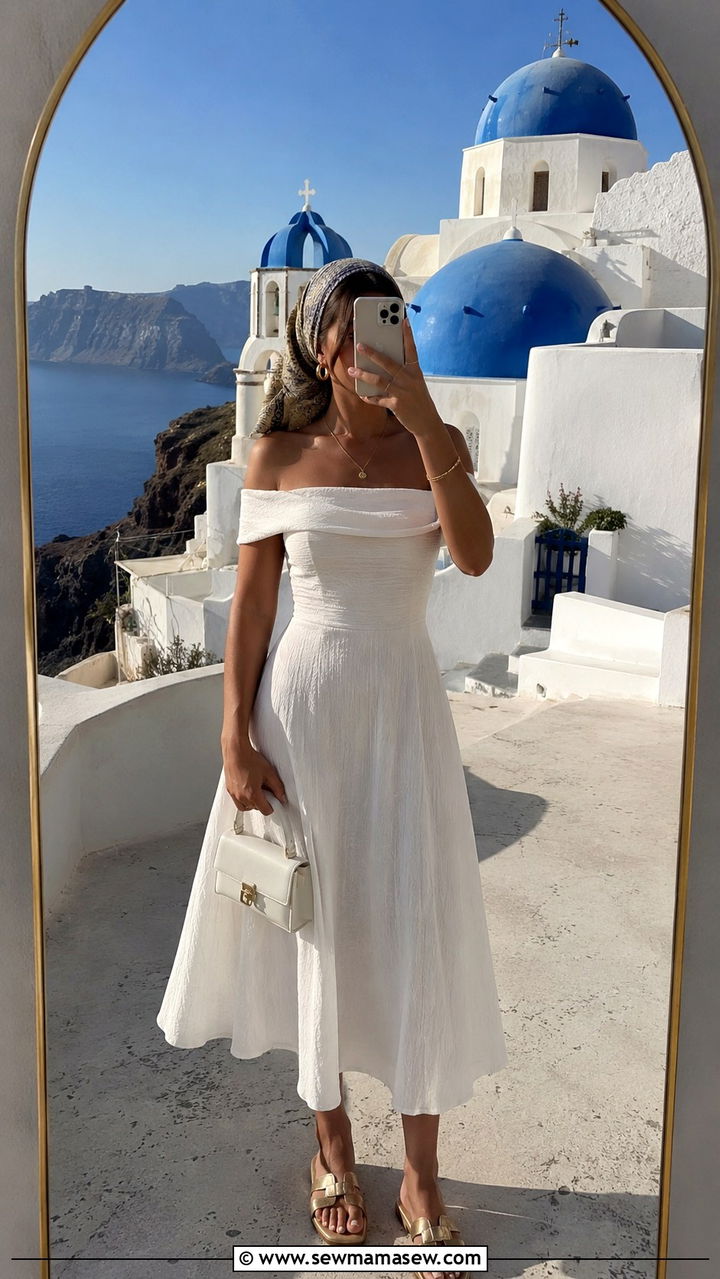 Off Shoulder White Midi Dress With Gold Flat Sandals - 30 Greek vacation outfit ideas 2026