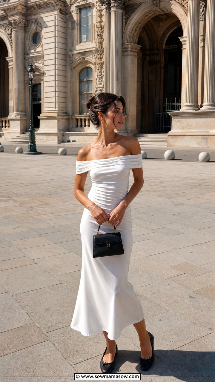 Off Shoulder White Midi Dress with Ballet Flats - 30 summer europe travel outfit ideas